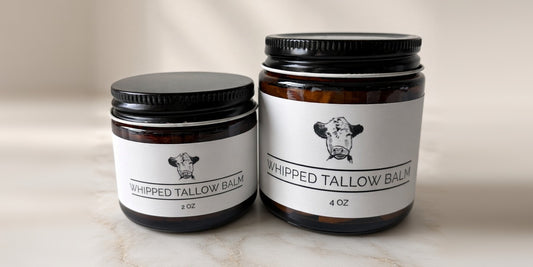 Langland Cattle Company whipped tallow balm in 2 oz and 4 oz amber jars