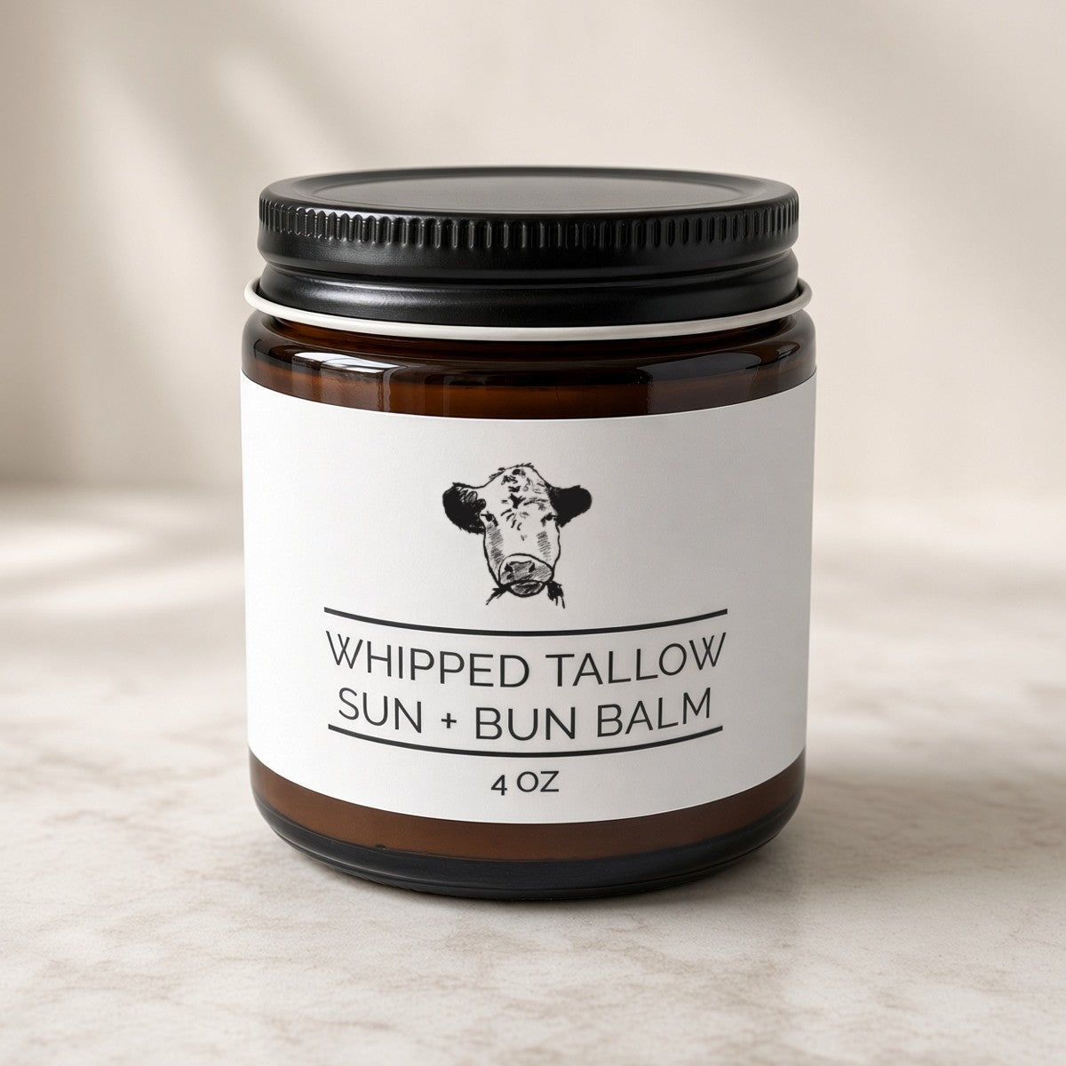 Whipped Tallow Sun + Bun Balm with non-nano zinc oxide in a 4 oz amber jar, Langland Cattle Co.