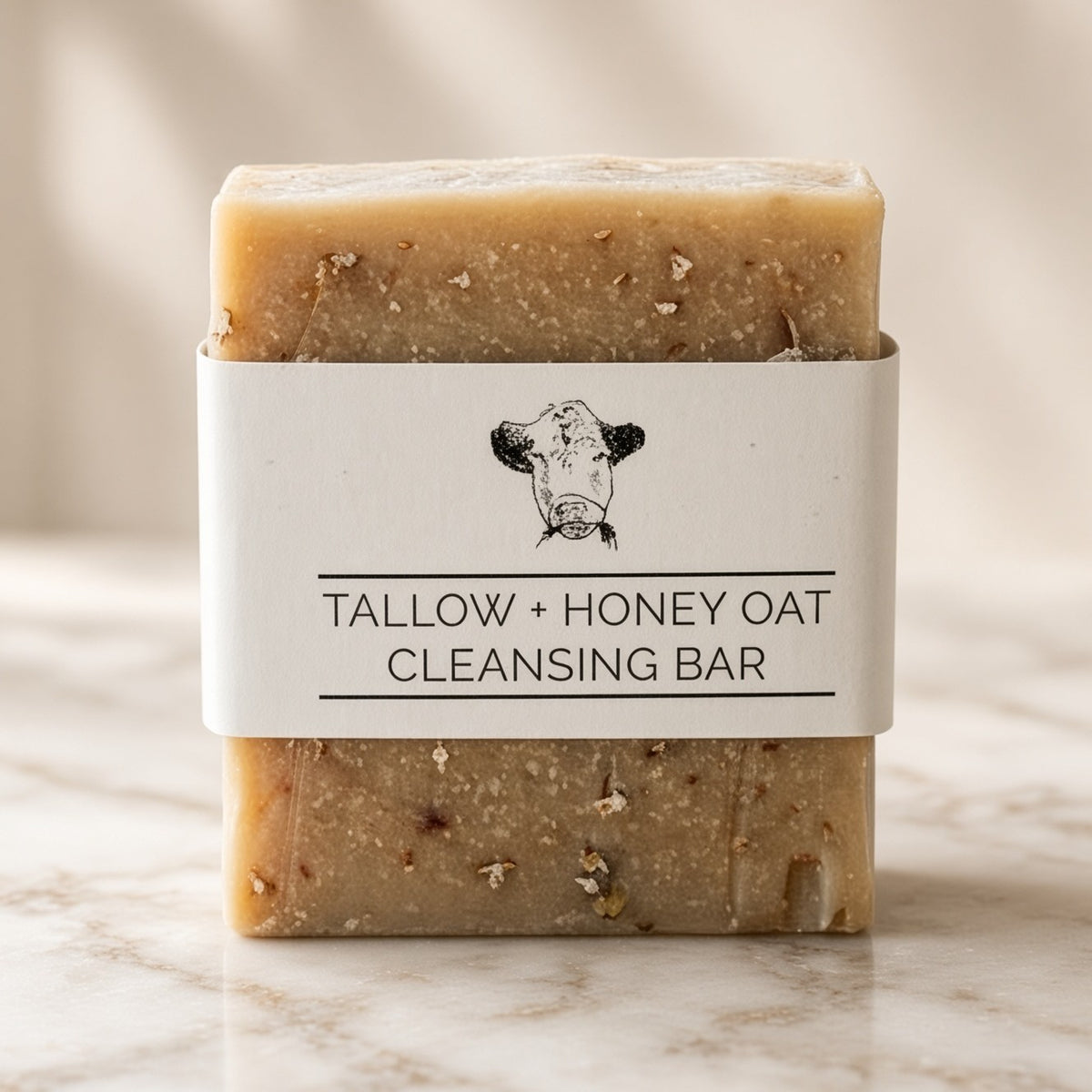 Tallow + Honey Oat Cleansing Bar, honey oat tallow soap made with grass-fed beef tallow, front label with oats