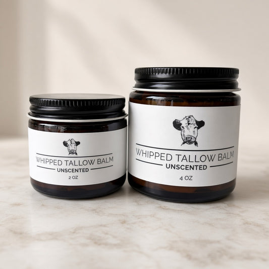 Whipped Tallow Balm Unscented in 2 oz and 4 oz amber jars